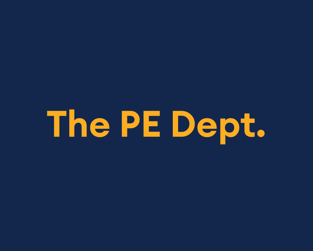 The PE Dept logo on a dark blue background.